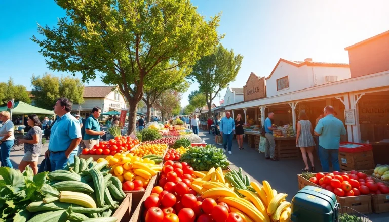 Shoppers engage with vendors at an outdoor market in Clarksburg, CA, showcasing fresh produce.