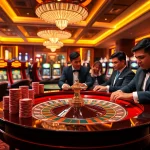 Experience sbobet betting excitement at a vibrant casino table with roulette, chips, and engaging players.