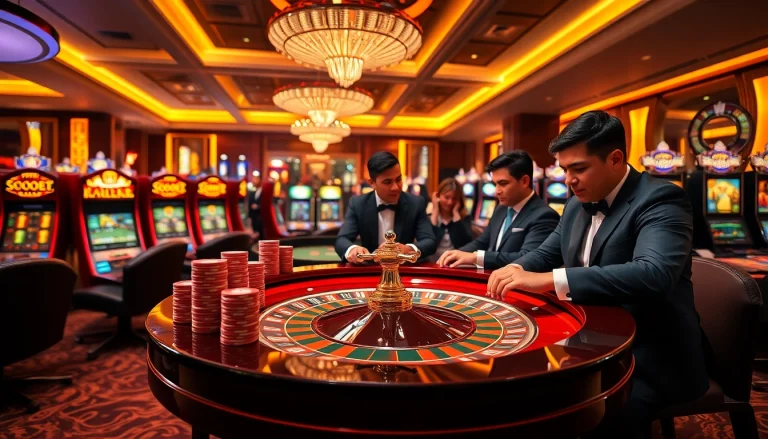 Experience sbobet betting excitement at a vibrant casino table with roulette, chips, and engaging players.