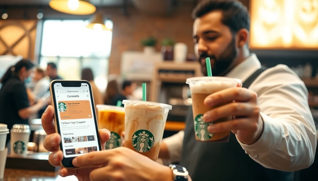 스타벅스 모바일쿠폰을 보여주는 폰과 다양한 음료를 만드는 바리스타.