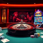 The thrilling atmosphere of online gambling at https://okwin68.net/ with vibrant roulette and poker elements.