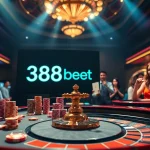 Experience thrilling gaming at 388bet with vibrant casino visuals of poker chips and roulette.