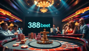 Experience thrilling gaming at 388bet with vibrant casino visuals of poker chips and roulette.