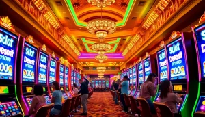 Para pemain merayakan kemenangan di mesin slot deposit 1000 di kasino mewah.