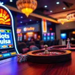 Players engaging in an exciting slot pulsa experience with vibrant lights and casino props.