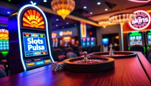 Players engaging in an exciting slot pulsa experience with vibrant lights and casino props.