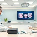 Patient discussing スマイルモア矯正 口コミ with a dentist in a modern orthodontic clinic.