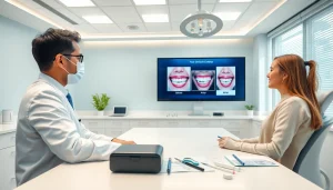 Patient discussing スマイルモア矯正 口コミ with a dentist in a modern orthodontic clinic.