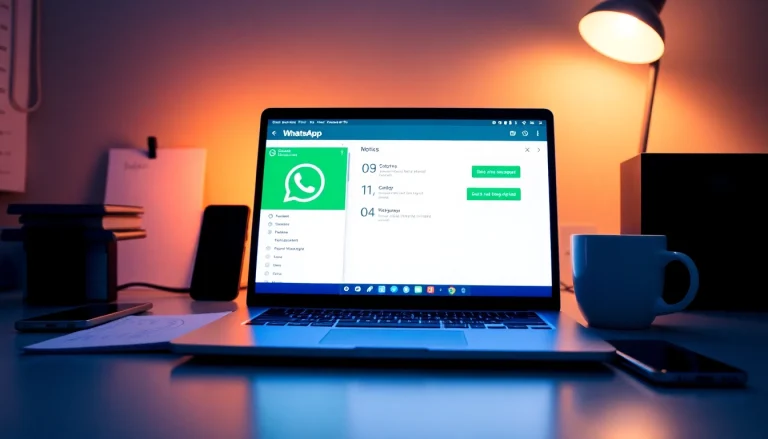 在现代工作空间的笔记本电脑上显示的 WhatsApp网页版界面。