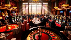 Dewacasino vibrant gambling scene showcasing engaged players at roulette and slot machines
