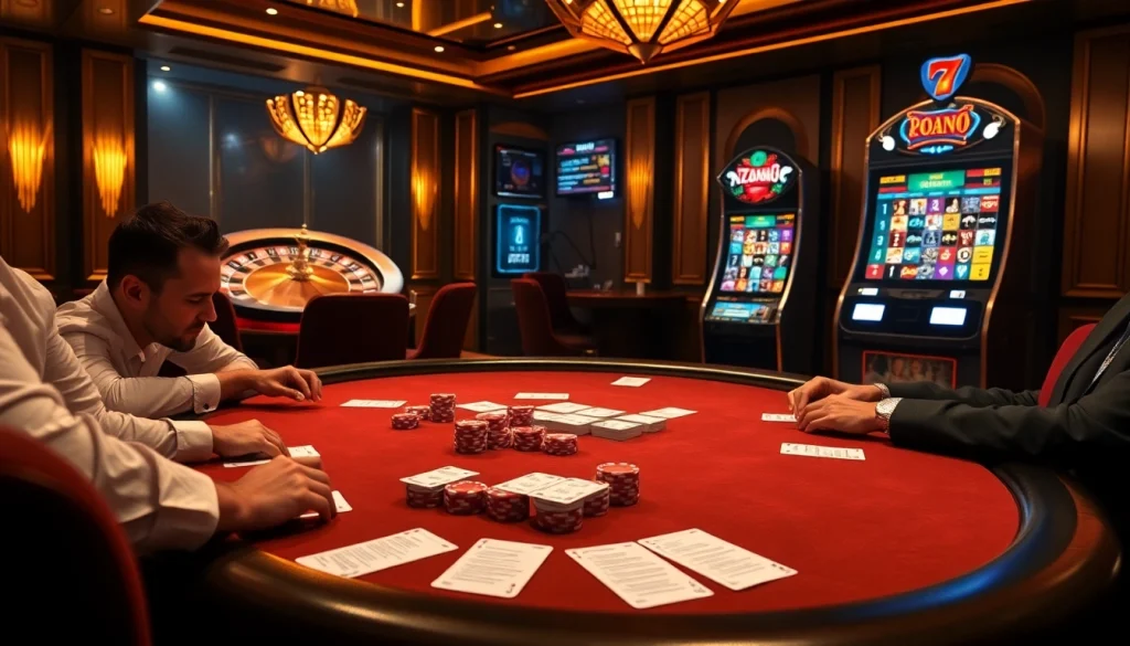 Experience the thrill of zonafilm betting with an elegant poker table and vibrant casino atmosphere.