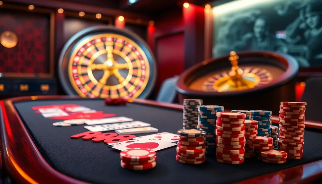 RR88 poker table set up for an exciting game, featuring vibrant chips and cards.