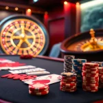 RR88 poker table set up for an exciting game, featuring vibrant chips and cards.