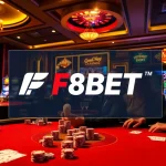 Players enjoying poker at F8BET, featuring poker chips and cards amidst a luxurious casino setting.