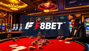 Players enjoying poker at F8BET, featuring poker chips and cards amidst a luxurious casino setting.