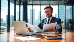 An intellectual property lawyer examining documents in a modern office with a city view.