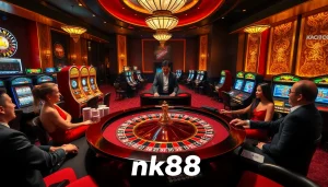 Players enjoying a thrilling round of roulette at an upscale casino, featuring nk88 chips and vibrant atmosphere.