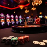 Experience the thrill of 88vv at a luxurious casino with roulette, poker chips, and vibrant slot machines.
