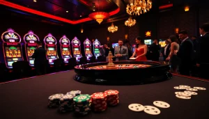 Experience the thrill of 88vv at a luxurious casino with roulette, poker chips, and vibrant slot machines.