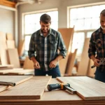 Craftsmen skillfully installing wood panel in a well-lit workshop setting.