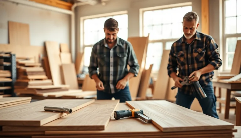 Craftsmen skillfully installing wood panel in a well-lit workshop setting.
