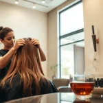 Experience the best hair salon san diego with a stylist applying highlights in a calming, elegant salon.
