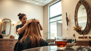 Experience the best hair salon san diego with a stylist applying highlights in a calming, elegant salon.