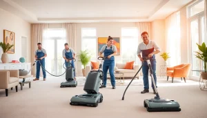 Local carpet cleaners efficiently rejuvenating a carpet in a bright, modern living room.