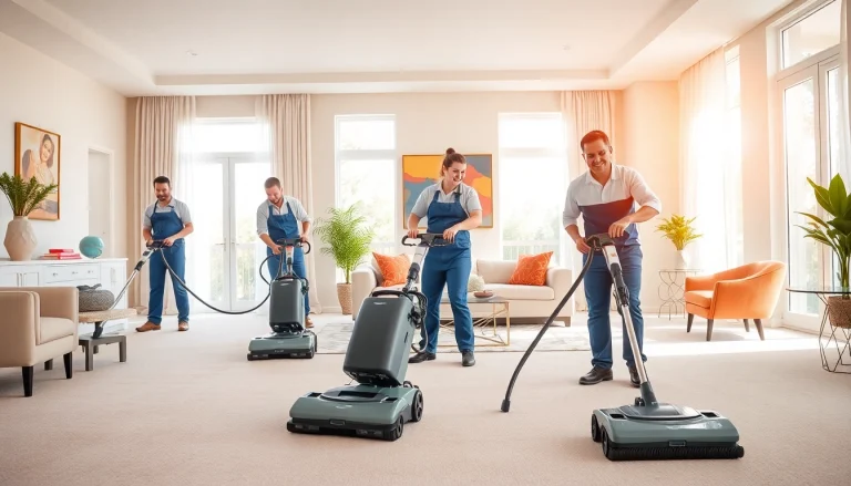 Local carpet cleaners efficiently rejuvenating a carpet in a bright, modern living room.