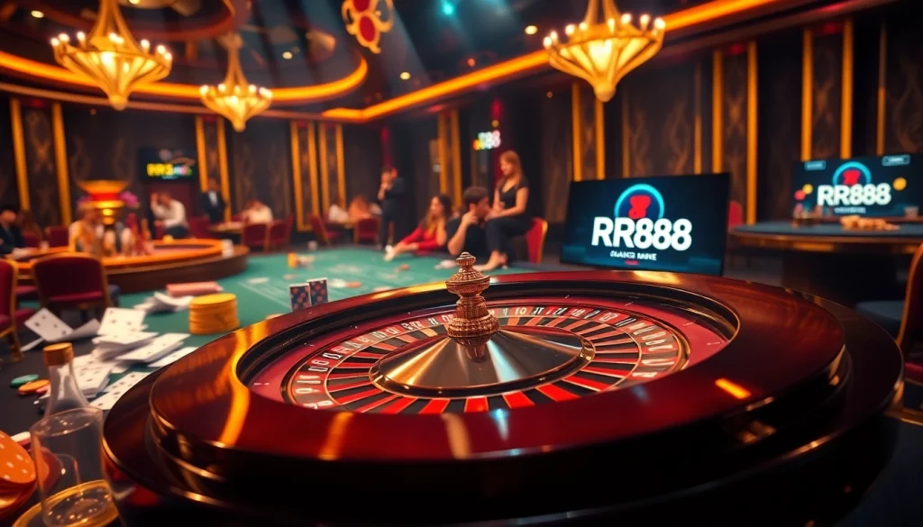 Experience thrilling gameplay with RR88 at a luxurious casino featuring roulette, chips, and excited players.