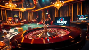Experience thrilling gameplay with RR88 at a luxurious casino featuring roulette, chips, and excited players.