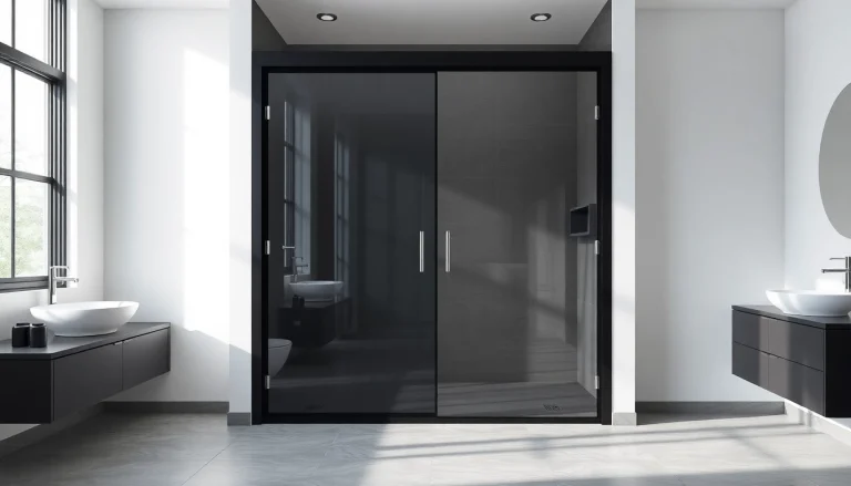 Highlighting a stylish black shower sliding door in a luxurious bathroom ambiance.