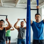 Dynamic scene showcasing diverse individuals using pull-up assist bands for strength training in a bright fitness studio.