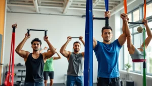 Dynamic scene showcasing diverse individuals using pull-up assist bands for strength training in a bright fitness studio.