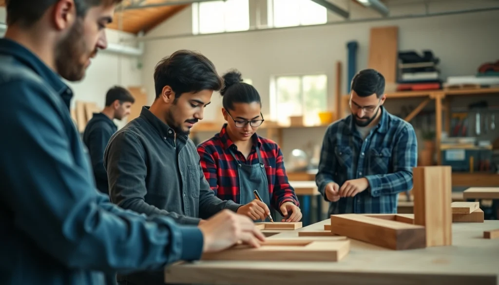 Students collaborating on carpentry projects at a Trade School Tennessee.
