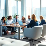 Collaborative team using 1cplatform for effective marketing strategies in a bright office.