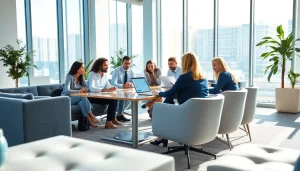 Collaborative team using 1cplatform for effective marketing strategies in a bright office.