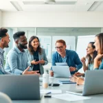 Discussing growth strategy trends in an engaging office setting with diverse professionals.