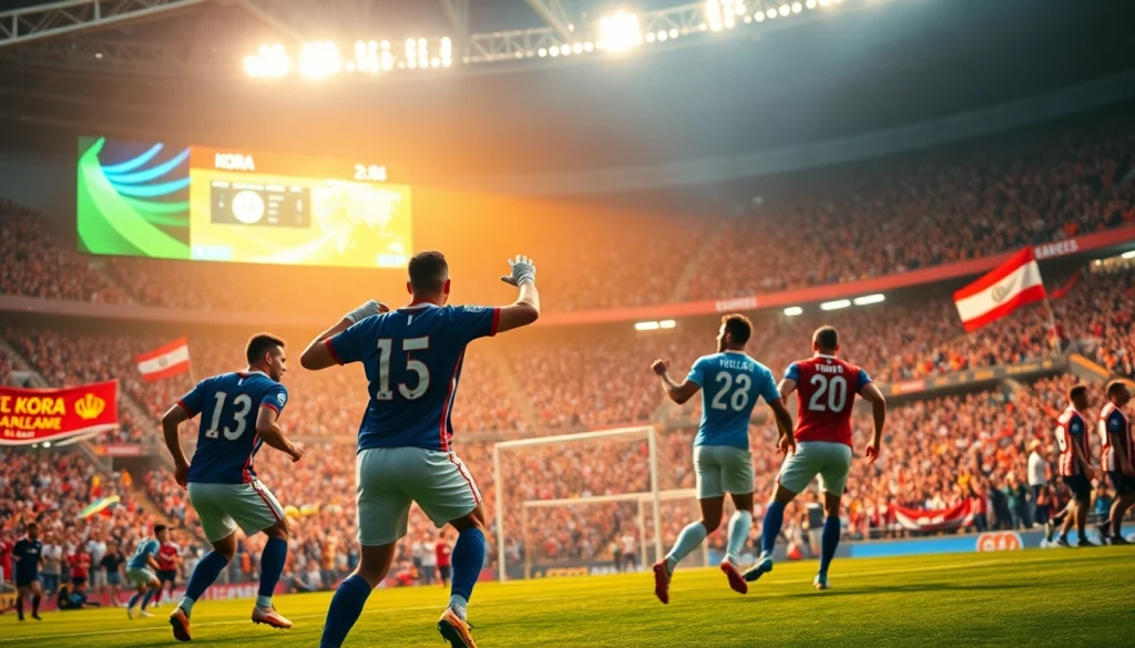 حدث كورا لايف يعرض مباراة كرة قدم مثيرة مع جماهير حماسية تشجع في استاد نابض بالحياة.