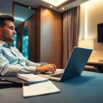 Business traveler engaged in work during a 출장 in a modern hotel room.
