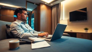 Business traveler engaged in work during a 출장 in a modern hotel room.