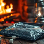 Emergency blanket neatly folded, highlighting its reflective texture and survival utility.