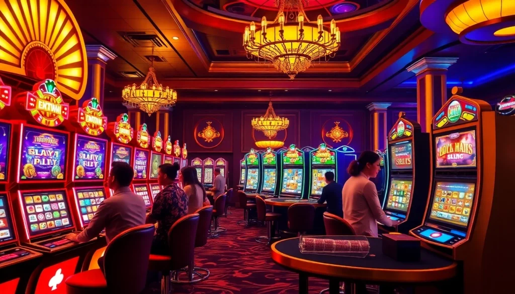 Mainkan game slot pulsa yang seru dalam suasana kasino yang hidup dengan mesin-mesin berwarna-warni.