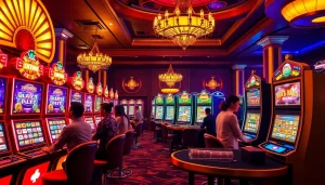 Mainkan game slot pulsa yang seru dalam suasana kasino yang hidup dengan mesin-mesin berwarna-warni.