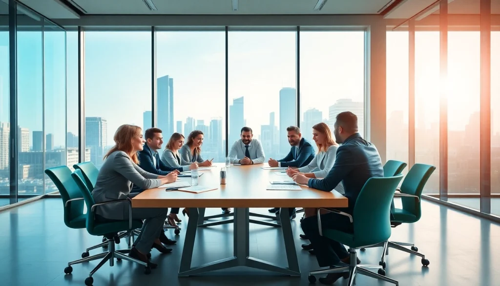 Engaging discussion on business growth insights among diverse professionals in a modern office.