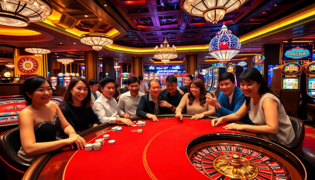 Players enjoying high-stakes poker at a luxurious casino in luong son, highlighting thrilling moments and vibrant atmosphere.