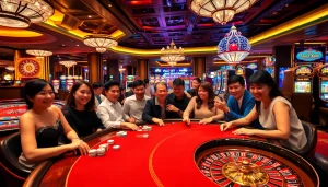 Players enjoying high-stakes poker at a luxurious casino in luong son, highlighting thrilling moments and vibrant atmosphere.