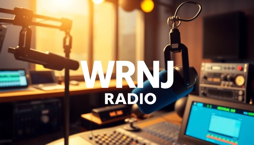 Engaging WRNJ Radio logo in a professional radio studio setting with advanced audio equipment.