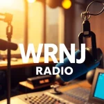 Engaging WRNJ Radio logo in a professional radio studio setting with advanced audio equipment.