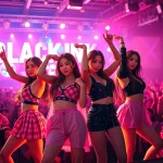 BLACKPINK news showcasing the members performing energetically on stage with vibrant lights.